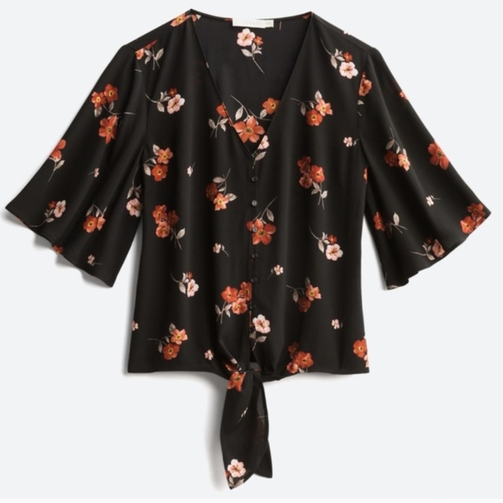 Lush Floral Black Tie-Front Blouse Top SIZE SMALL